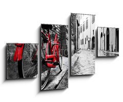 Obraz 4D tydln - 100 x 60 cm F_IS95275197 - Retro vintage red bike on cobblestone street in the old town. Color in black and white - Retro vinobran erven kolo na dldn ulici ve starm mst. Barva ern a bl