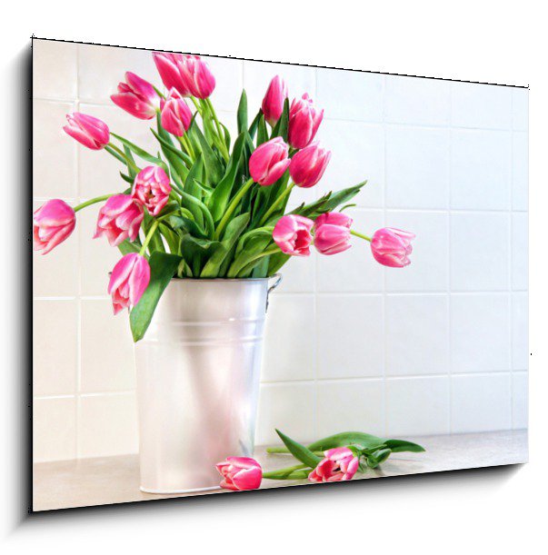 Obraz 1D - 100 x 70 cm F_E11553582 - Pink tulips in white metal container